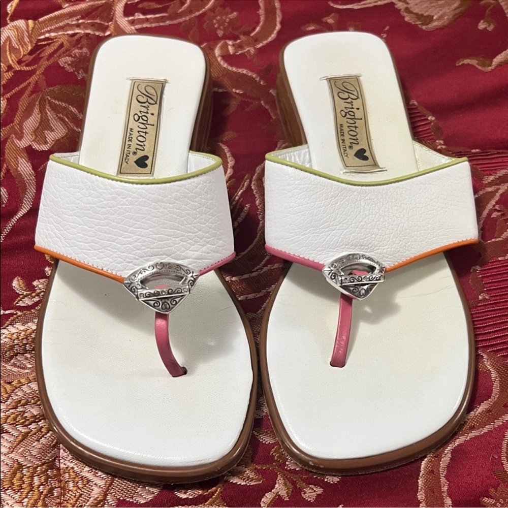 Brighton White Sandals with Pink Green Orange Trim